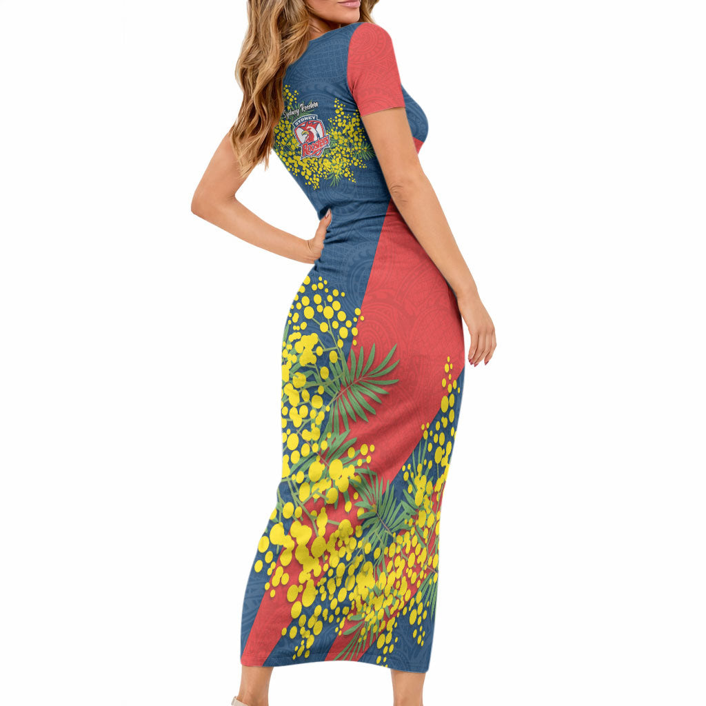 Sydney Roosters Short Sleeve Bodycon Dress Golden Wattle Floral Polynesian - Australian Flower - Rugby Mascot