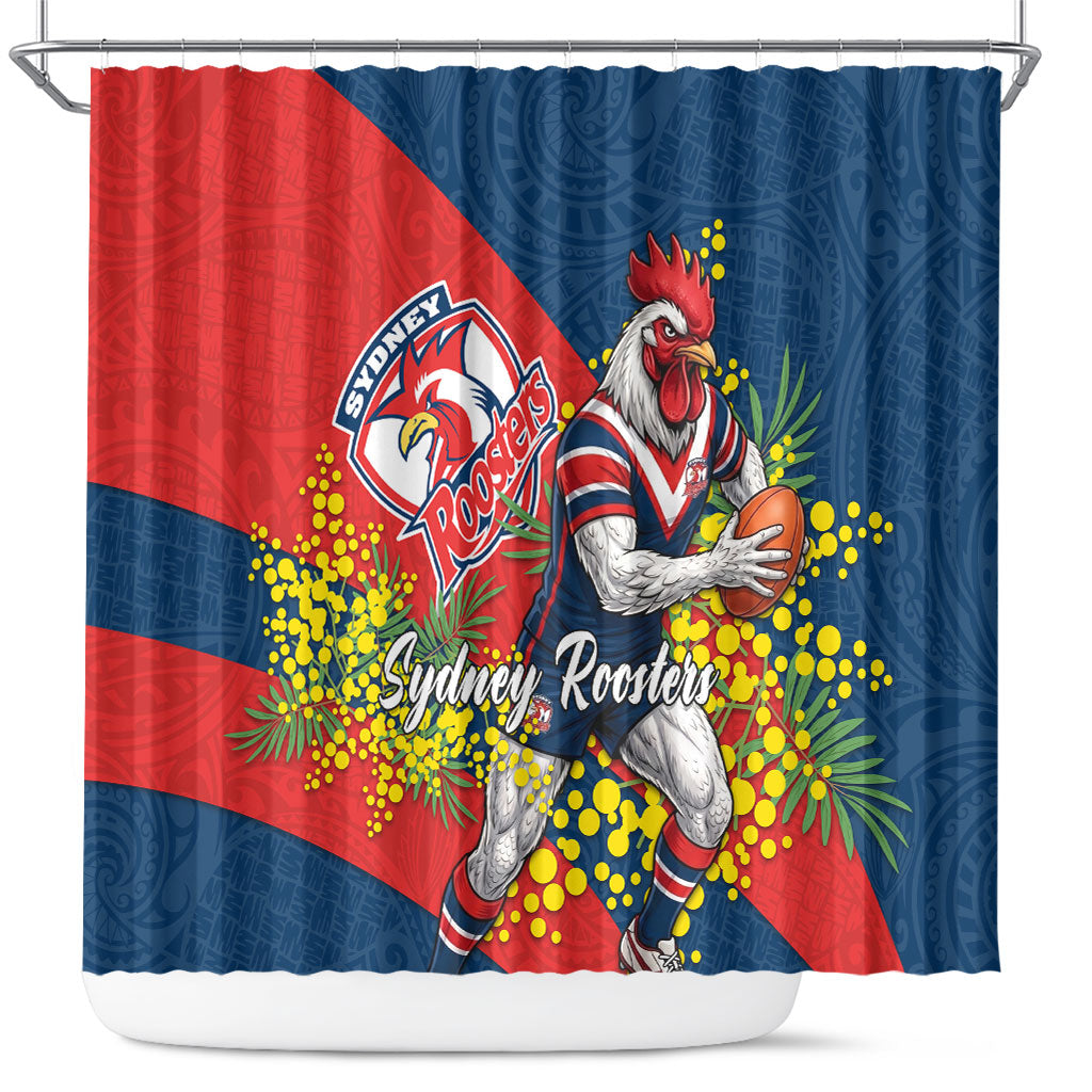 Sydney Roosters Shower Curtain Golden Wattle Floral Polynesian - Australian Flower - Rugby Mascot