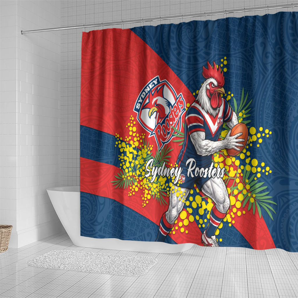 Sydney Roosters Shower Curtain Golden Wattle Floral Polynesian - Australian Flower - Rugby Mascot