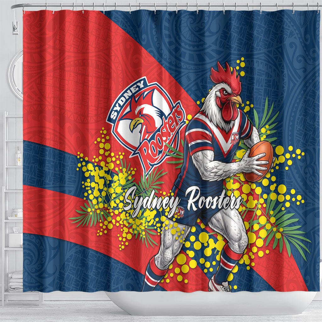 Sydney Roosters Shower Curtain Golden Wattle Floral Polynesian - Australian Flower - Rugby Mascot