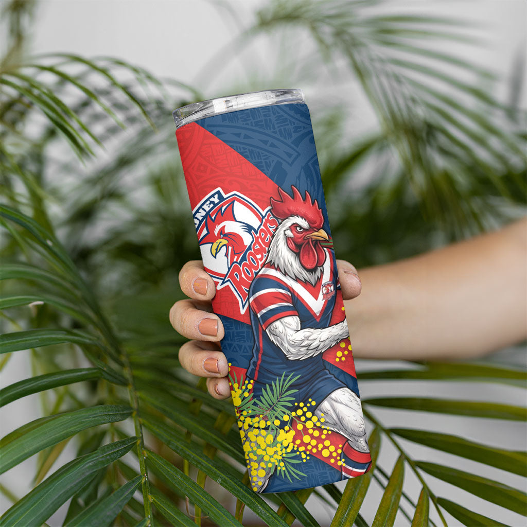 Sydney Roosters Skinny Tumbler Golden Wattle Floral Polynesian - Australian Flower - Rugby Mascot