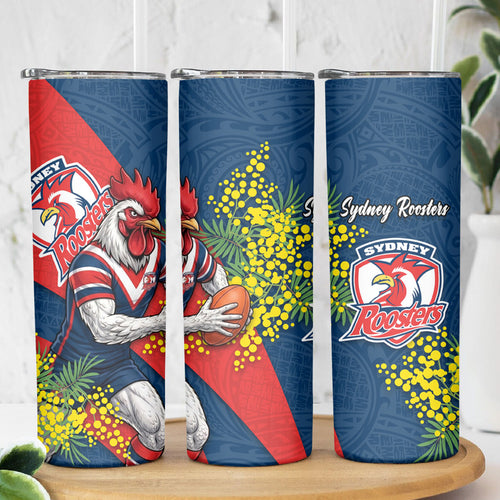 Sydney Roosters Skinny Tumbler Golden Wattle Floral Polynesian - Australian Flower - Rugby Mascot