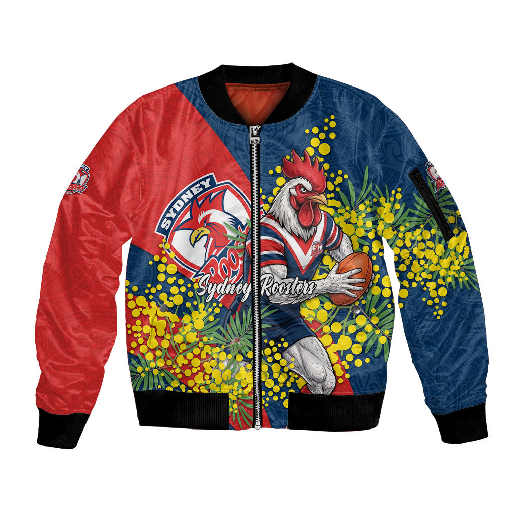 Sydney Roosters Sleeve Zip Bomber Jacket Golden Wattle Floral Polynesian - Australian Flower - Rugby Mascot