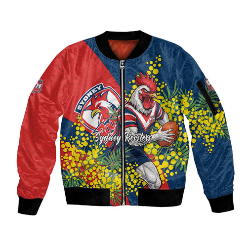 Sydney Roosters Sleeve Zip Bomber Jacket Golden Wattle Floral Polynesian - Australian Flower - Rugby Mascot