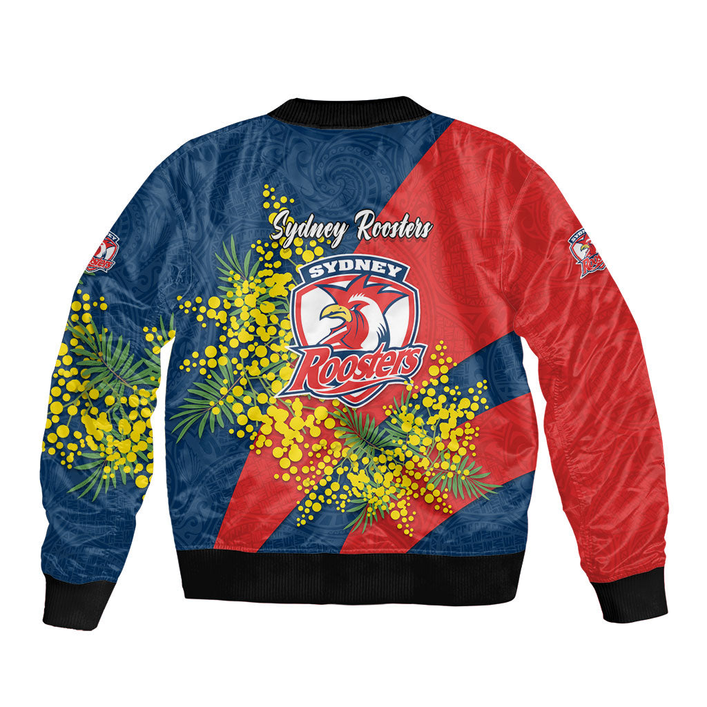 Sydney Roosters Sleeve Zip Bomber Jacket Golden Wattle Floral Polynesian - Australian Flower - Rugby Mascot