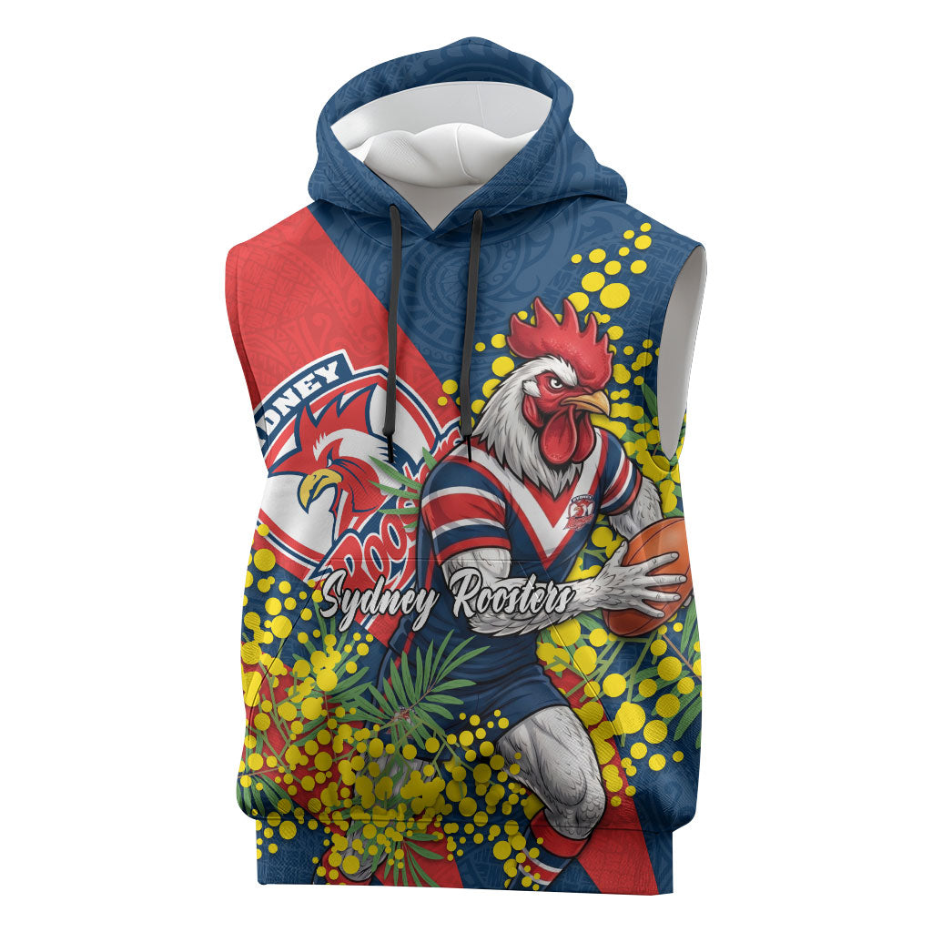 Sydney Roosters Sleeveless Hoodie Golden Wattle Floral Polynesian - Australian Flower - Rugby Mascot