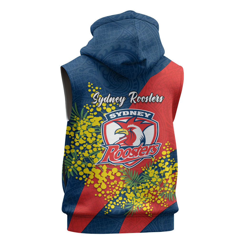 Sydney Roosters Sleeveless Hoodie Golden Wattle Floral Polynesian - Australian Flower - Rugby Mascot