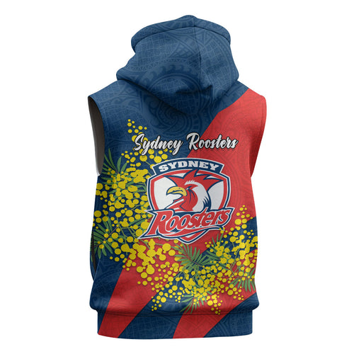 Sydney Roosters Sleeveless Hoodie Golden Wattle Floral Polynesian - Australian Flower - Rugby Mascot