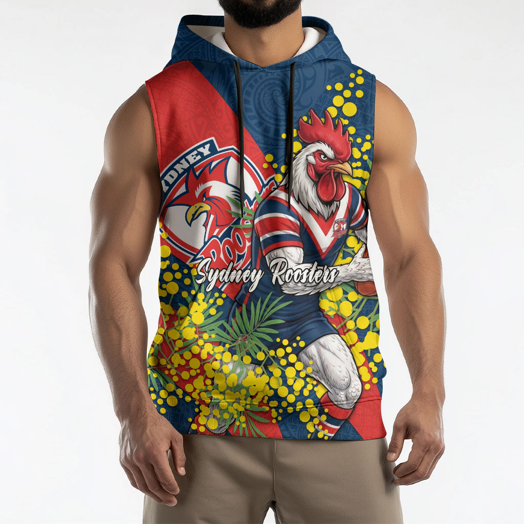 Sydney Roosters Sleeveless Hoodie Golden Wattle Floral Polynesian - Australian Flower - Rugby Mascot