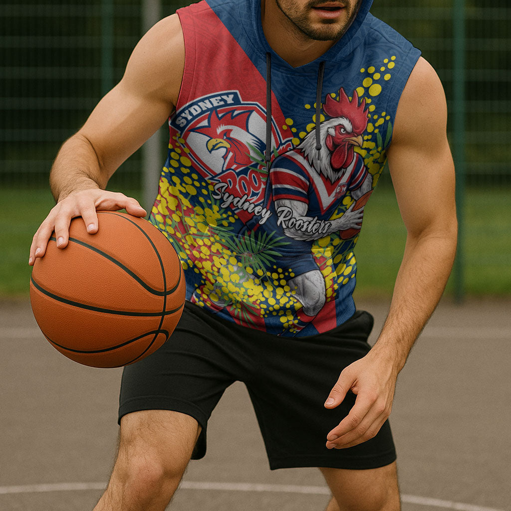 Sydney Roosters Sleeveless Hoodie Golden Wattle Floral Polynesian - Australian Flower - Rugby Mascot