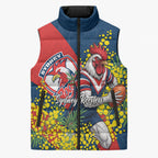Sydney Roosters Sleeveless Puffer Jacket Golden Wattle Floral Polynesian - Australian Flower - Rugby Mascot