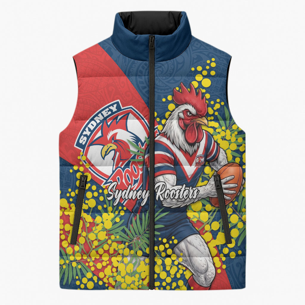 Sydney Roosters Sleeveless Puffer Jacket Golden Wattle Floral Polynesian - Australian Flower - Rugby Mascot