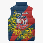 Sydney Roosters Sleeveless Puffer Jacket Golden Wattle Floral Polynesian - Australian Flower - Rugby Mascot