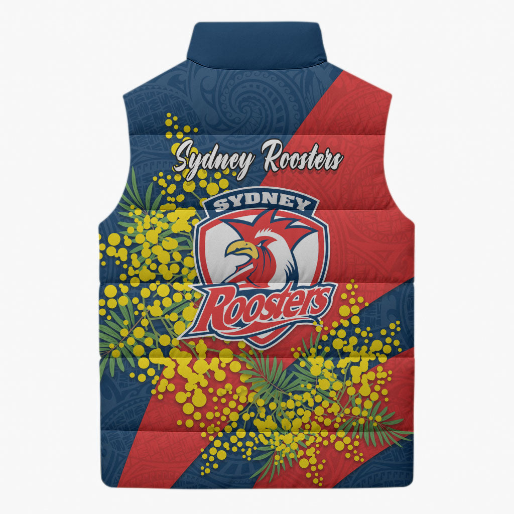 Sydney Roosters Sleeveless Puffer Jacket Golden Wattle Floral Polynesian - Australian Flower - Rugby Mascot