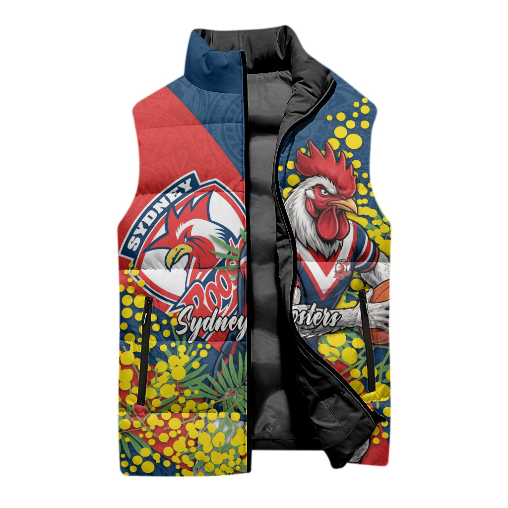 Sydney Roosters Sleeveless Puffer Jacket Golden Wattle Floral Polynesian - Australian Flower - Rugby Mascot