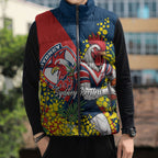 Sydney Roosters Sleeveless Puffer Jacket Golden Wattle Floral Polynesian - Australian Flower - Rugby Mascot