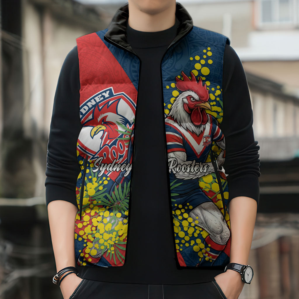 Sydney Roosters Sleeveless Puffer Jacket Golden Wattle Floral Polynesian - Australian Flower - Rugby Mascot