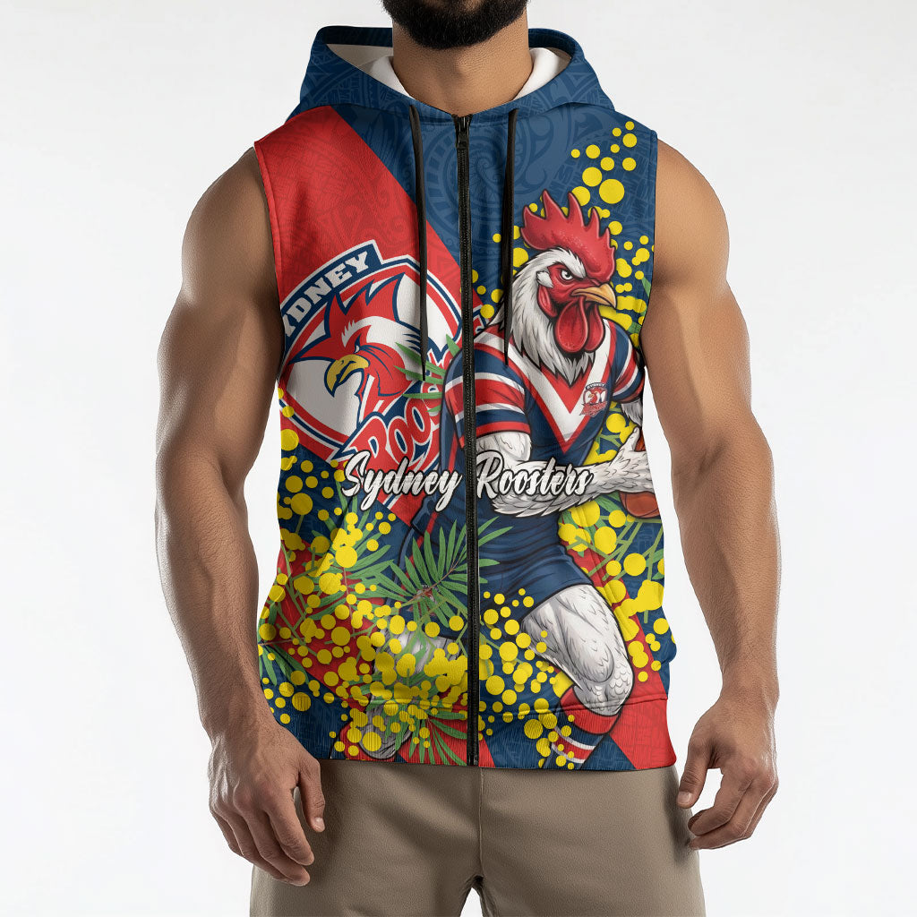 Sydney Roosters Sleeveless Zip Hoodie Golden Wattle Floral Polynesian - Australian Flower - Rugby Mascot