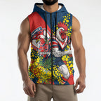 Sydney Roosters Sleeveless Zip Hoodie Golden Wattle Floral Polynesian - Australian Flower - Rugby Mascot