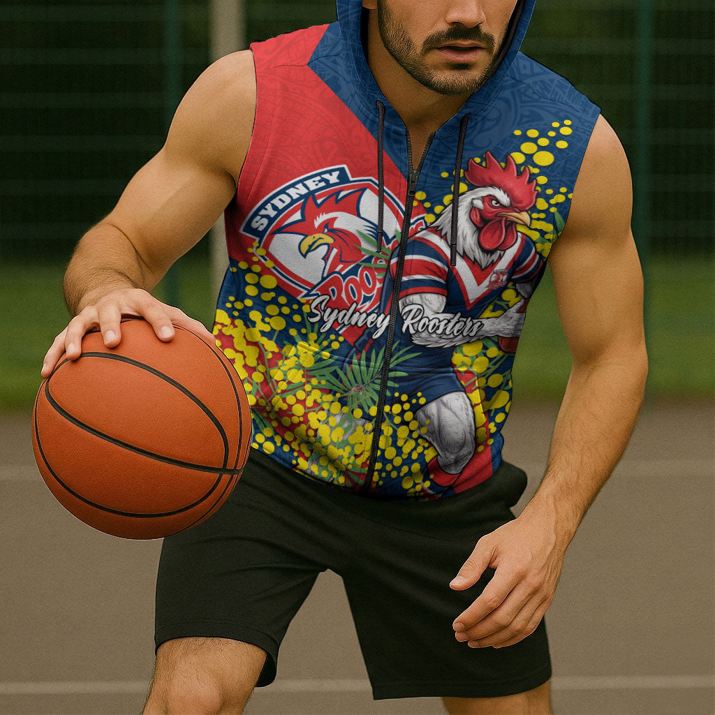 Sydney Roosters Sleeveless Zip Hoodie Golden Wattle Floral Polynesian - Australian Flower - Rugby Mascot