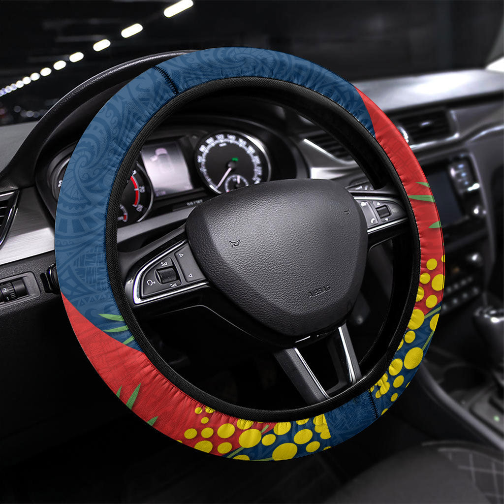 Sydney Roosters Steering Wheel Cover Golden Wattle Floral Polynesian - Australian Flower - Rugby Mascot