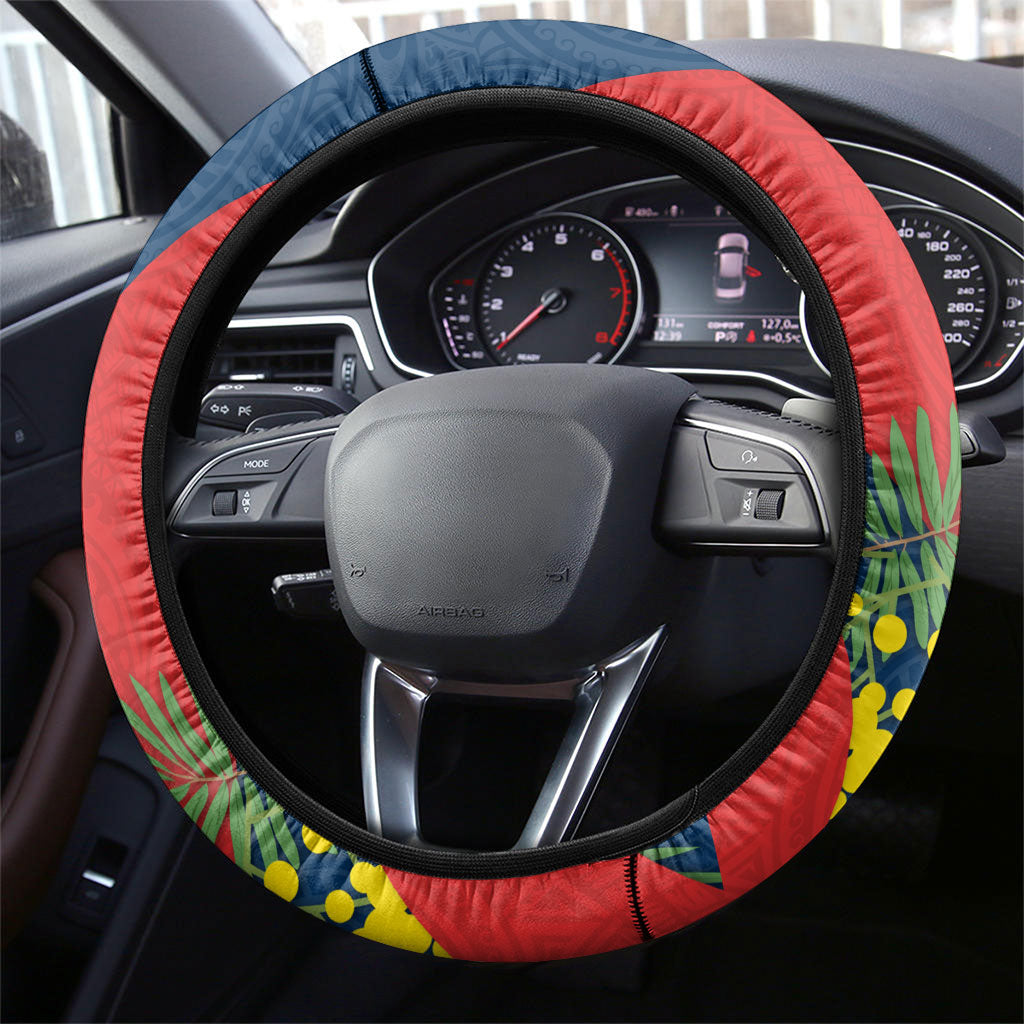 Sydney Roosters Steering Wheel Cover Golden Wattle Floral Polynesian - Australian Flower - Rugby Mascot