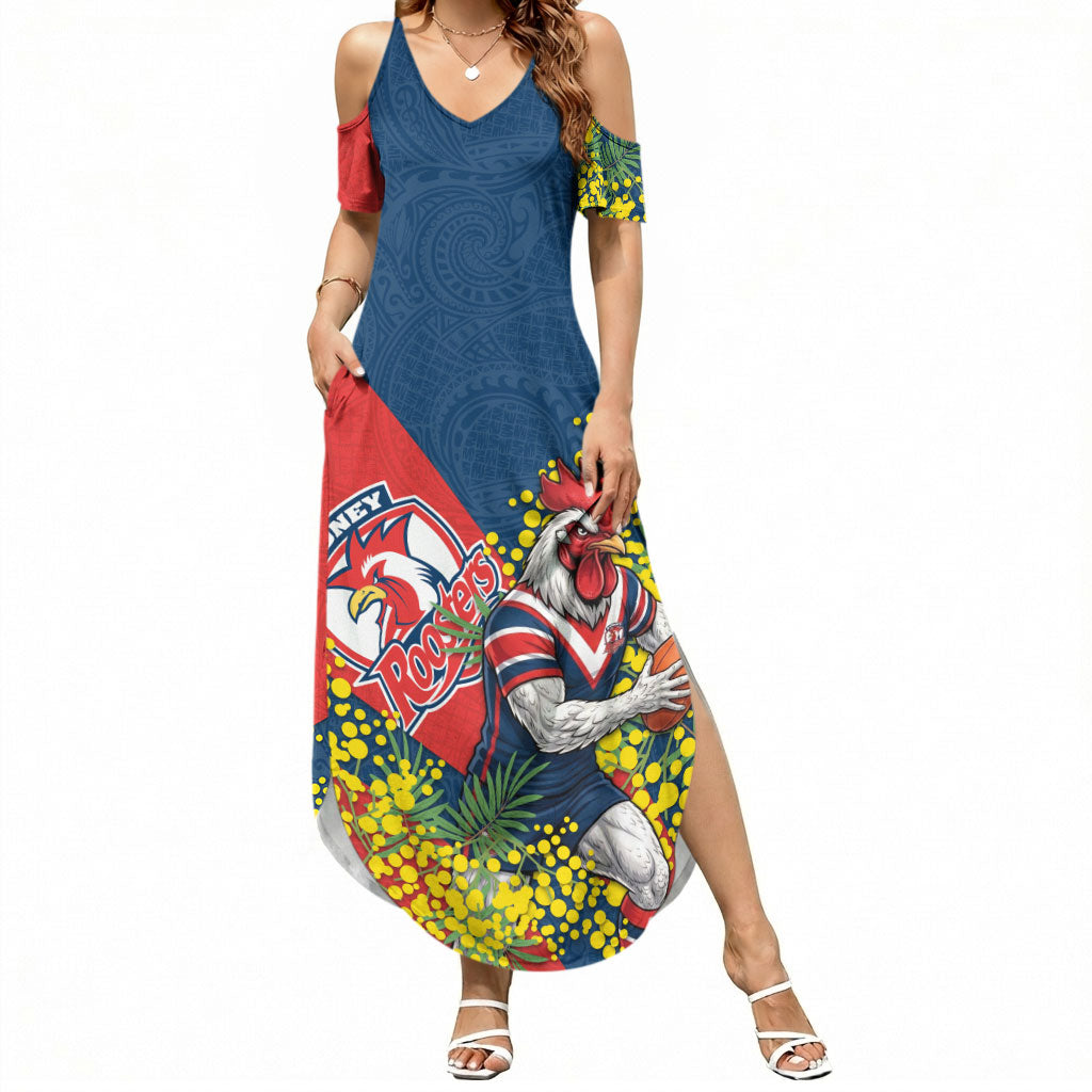 Sydney Roosters Summer Maxi Dress Golden Wattle Floral Polynesian - Australian Flower - Rugby Mascot