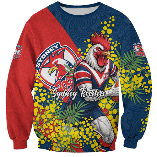 Sydney Roosters Sweatshirt Golden Wattle Floral Polynesian - Australian Flower - Rugby Mascot