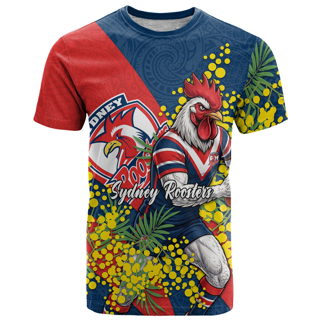 Sydney Roosters T Shirt Golden Wattle Floral Polynesian - Australian Flower - Rugby Mascot