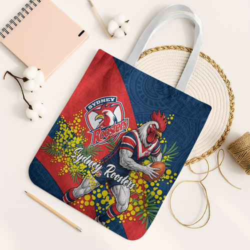 Sydney Roosters Tote Bag Golden Wattle Floral Polynesian - Australian Flower - Rugby Mascot