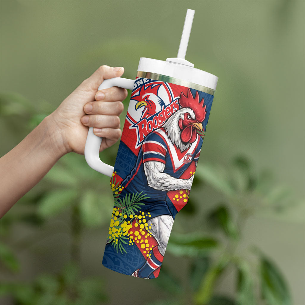 Sydney Roosters Tumbler With Handle Golden Wattle Floral Polynesian - Australian Flower - Rugby Mascot