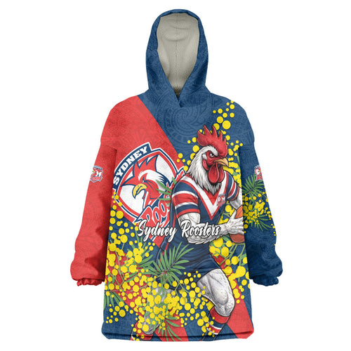 Sydney Roosters Wearable Blanket Hoodie Golden Wattle Floral Polynesian - Australian Flower - Rugby Mascot