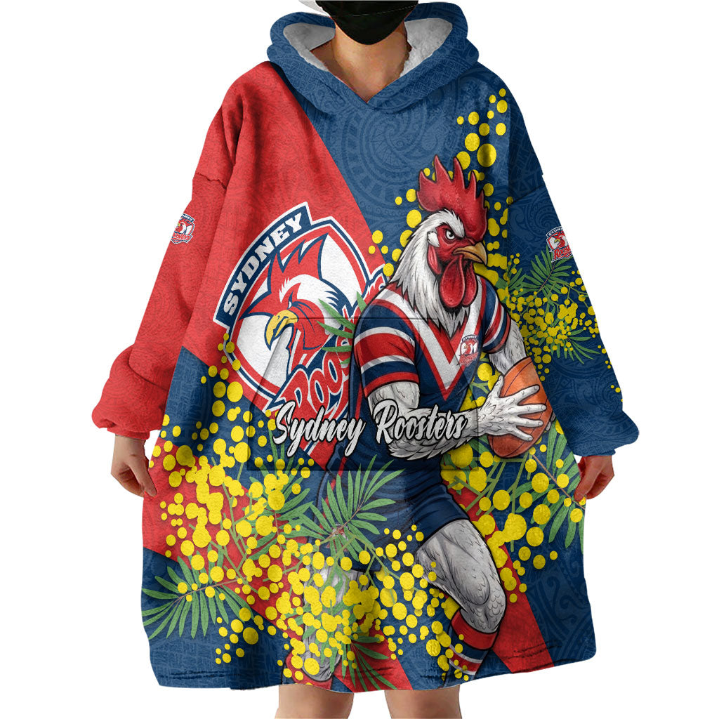 Sydney Roosters Wearable Blanket Hoodie Golden Wattle Floral Polynesian - Australian Flower - Rugby Mascot