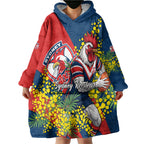 Sydney Roosters Wearable Blanket Hoodie Golden Wattle Floral Polynesian - Australian Flower - Rugby Mascot