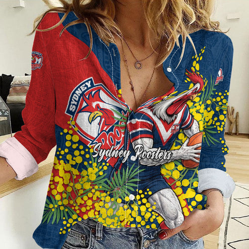 Sydney Roosters Women Casual Shirt Golden Wattle Floral Polynesian - Australian Flower - Rugby Mascot