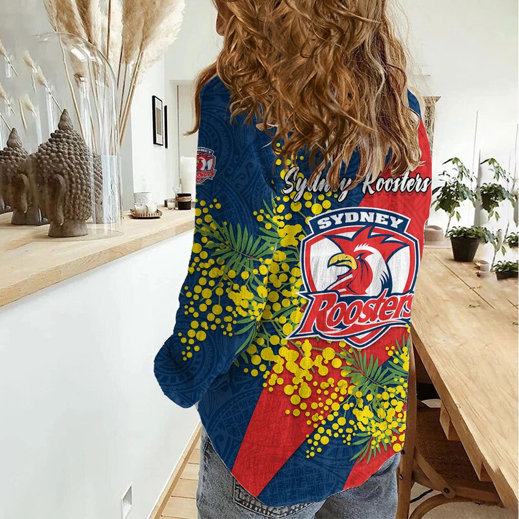 Sydney Roosters Women Casual Shirt Golden Wattle Floral Polynesian - Australian Flower - Rugby Mascot