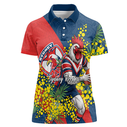 Sydney Roosters Women Polo Shirt Golden Wattle Floral Polynesian - Australian Flower - Rugby Mascot