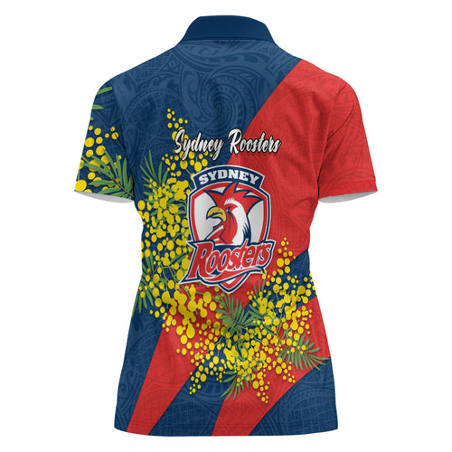 Sydney Roosters Women Polo Shirt Golden Wattle Floral Polynesian - Australian Flower - Rugby Mascot