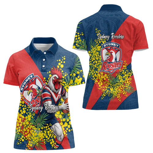 Sydney Roosters Women Polo Shirt Golden Wattle Floral Polynesian - Australian Flower - Rugby Mascot