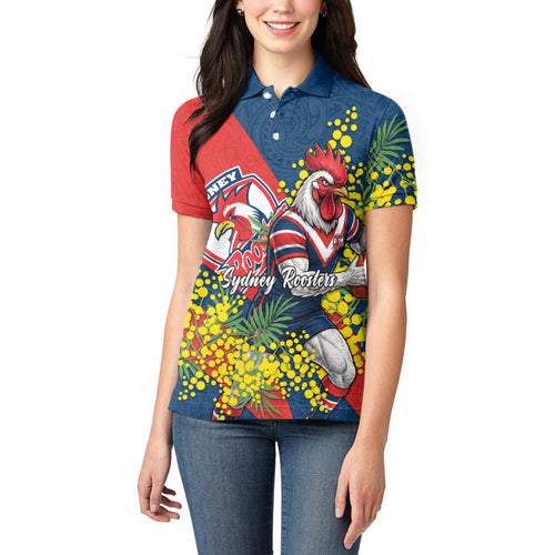 Sydney Roosters Women Polo Shirt Golden Wattle Floral Polynesian - Australian Flower - Rugby Mascot