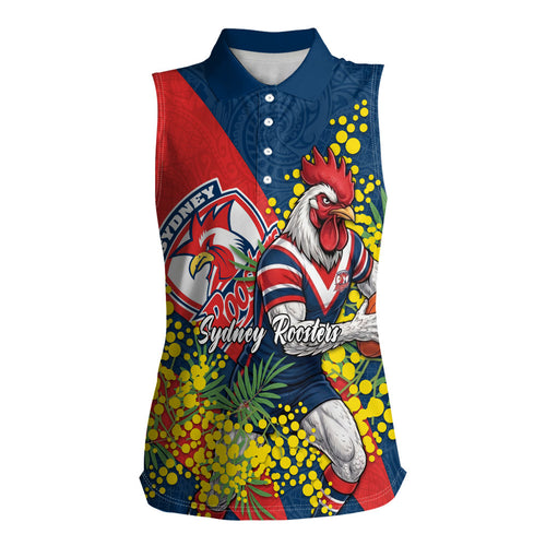 Sydney Roosters Women Sleeveless Polo Shirt Golden Wattle Floral Polynesian - Australian Flower - Rugby Mascot