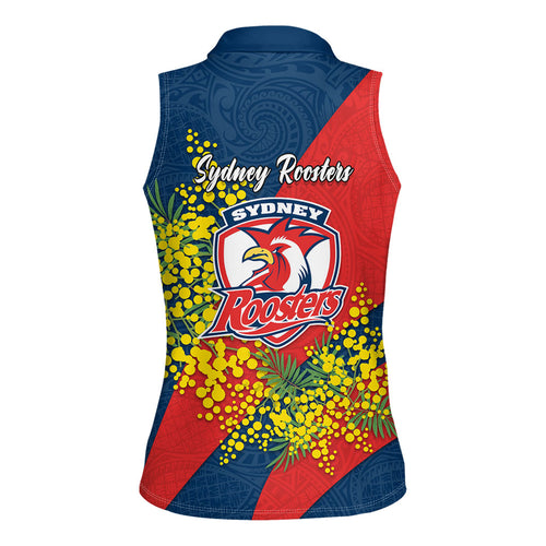 Sydney Roosters Women Sleeveless Polo Shirt Golden Wattle Floral Polynesian - Australian Flower - Rugby Mascot