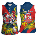 Sydney Roosters Women Sleeveless Polo Shirt Golden Wattle Floral Polynesian - Australian Flower - Rugby Mascot
