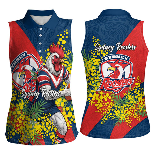 Sydney Roosters Women Sleeveless Polo Shirt Golden Wattle Floral Polynesian - Australian Flower - Rugby Mascot