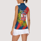 Sydney Roosters Women Sleeveless Polo Shirt Golden Wattle Floral Polynesian - Australian Flower - Rugby Mascot