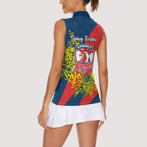Sydney Roosters Women Sleeveless Polo Shirt Golden Wattle Floral Polynesian - Australian Flower - Rugby Mascot
