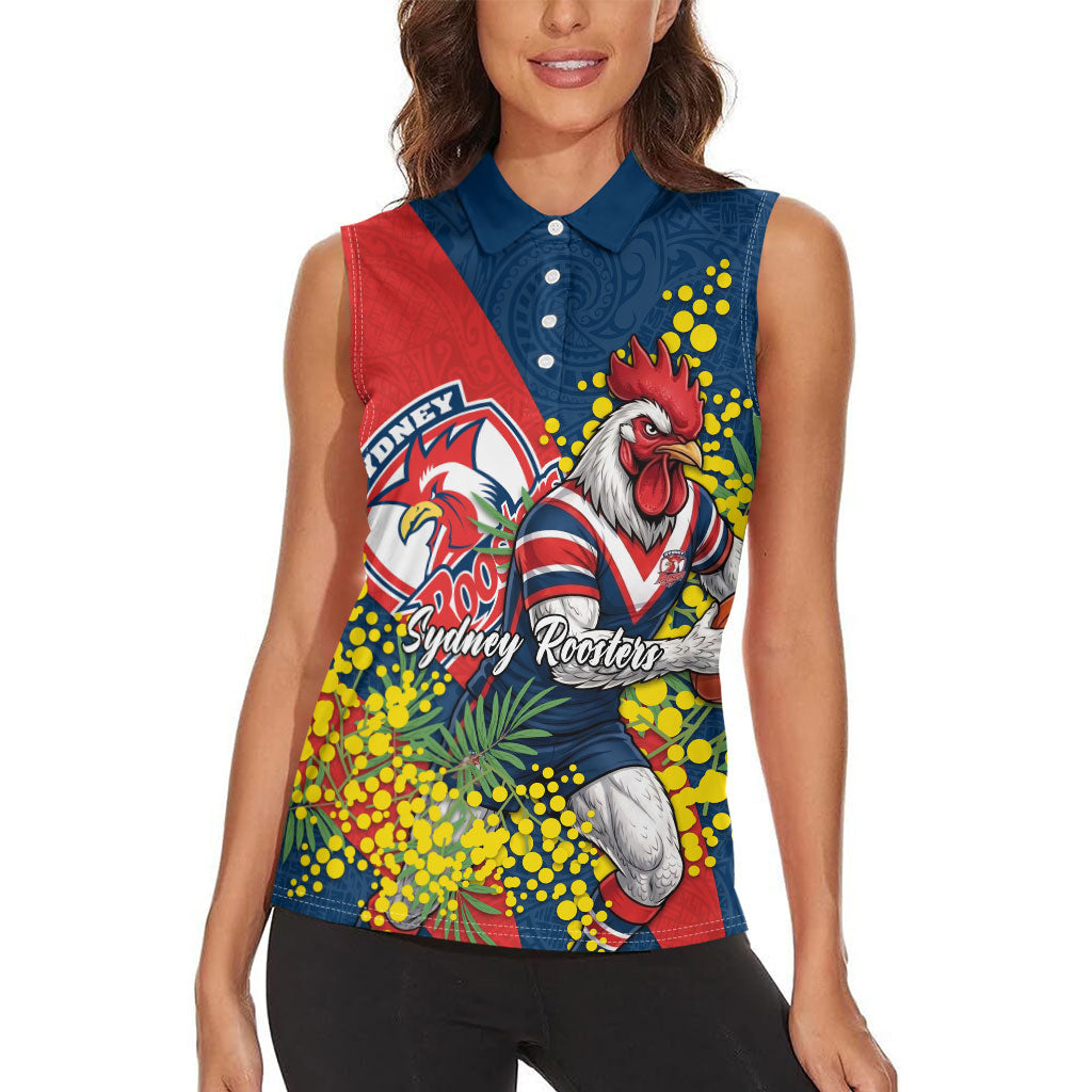 Sydney Roosters Women Sleeveless Polo Shirt Golden Wattle Floral Polynesian - Australian Flower - Rugby Mascot