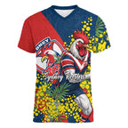 Sydney Roosters Women V-Neck T-Shirt Golden Wattle Floral Polynesian - Australian Flower - Rugby Mascot