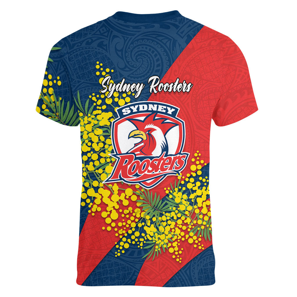Sydney Roosters Women V-Neck T-Shirt Golden Wattle Floral Polynesian - Australian Flower - Rugby Mascot