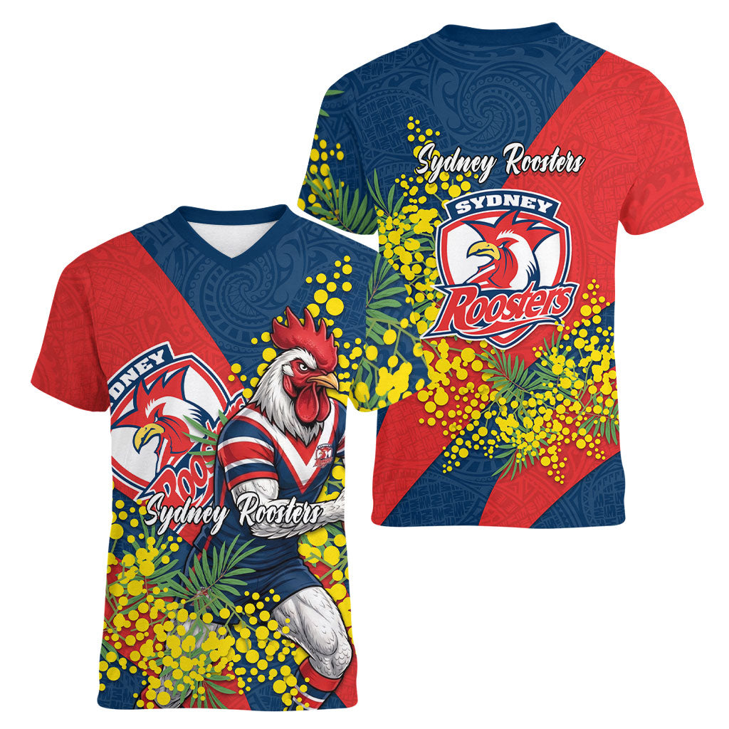 Sydney Roosters Women V-Neck T-Shirt Golden Wattle Floral Polynesian - Australian Flower - Rugby Mascot